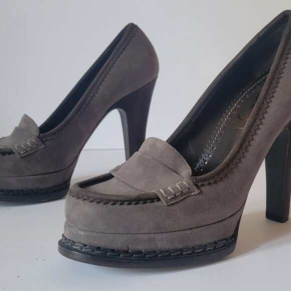 Yves Saint Laurent Gray Suede Round Toe High Heels Platform YSL Pumps - Picture 5 of 14